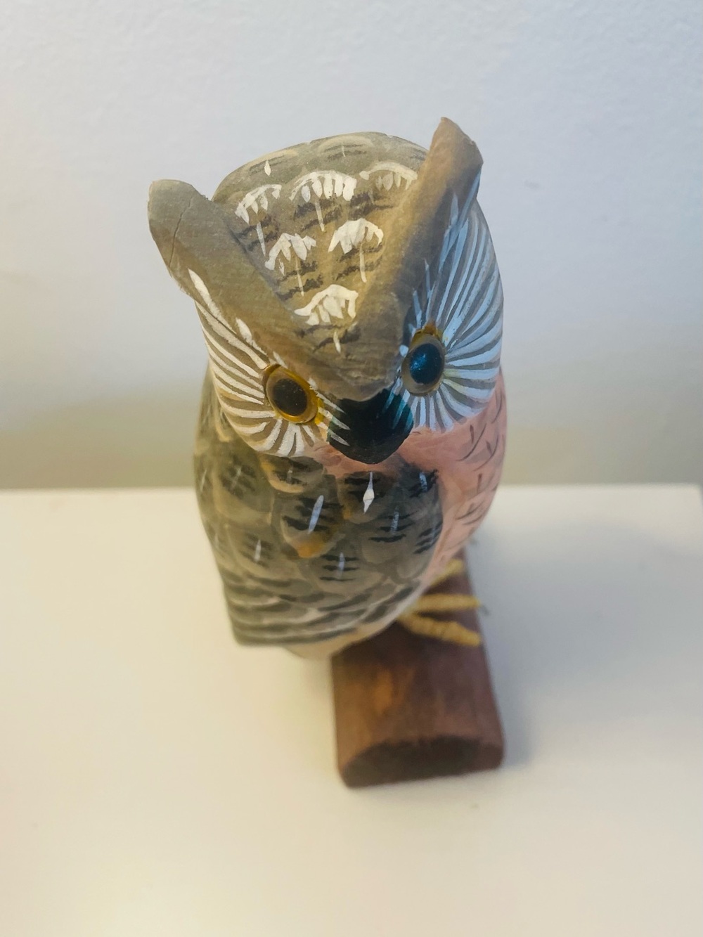 Wood Owl Figure Perched  on a Log Base  Hard Carved and Painted  6 in  Vintage